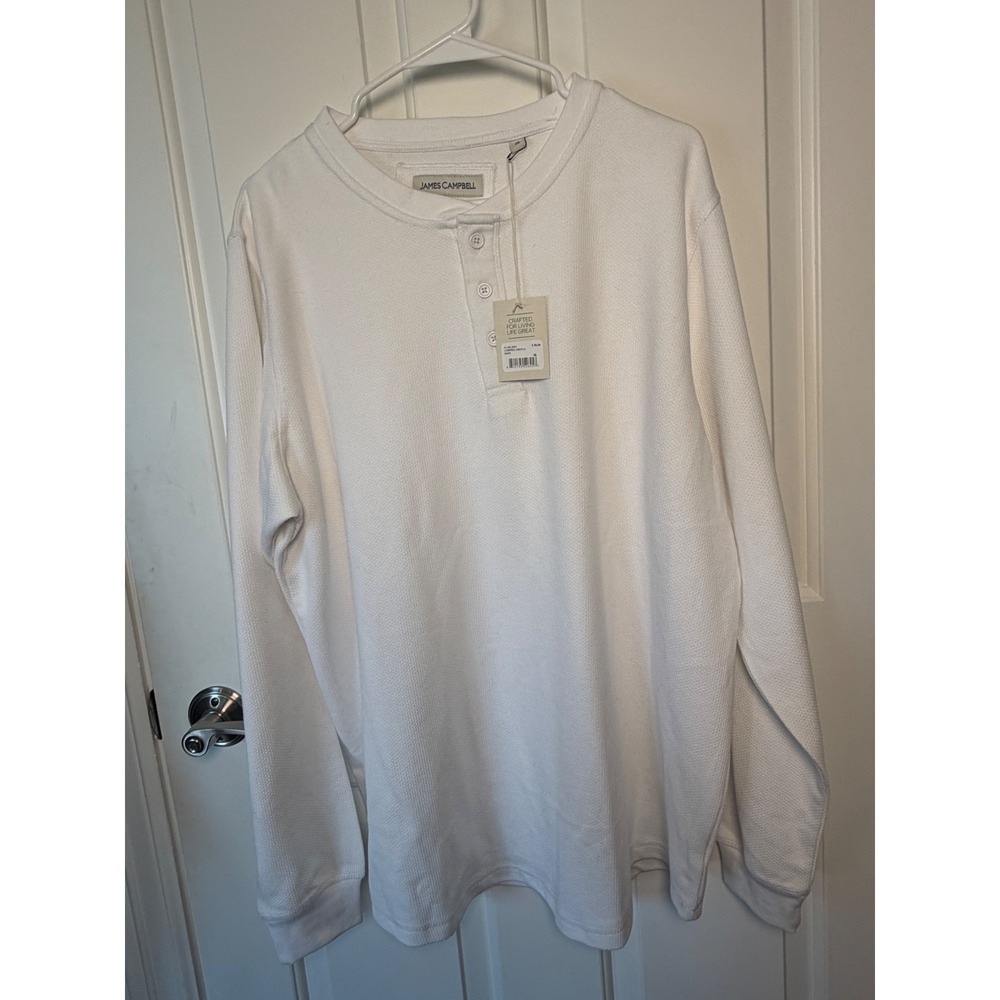 James Campbell Farley White Waffle Knit Henley Long Sleeve Shirt Mens XL NWT